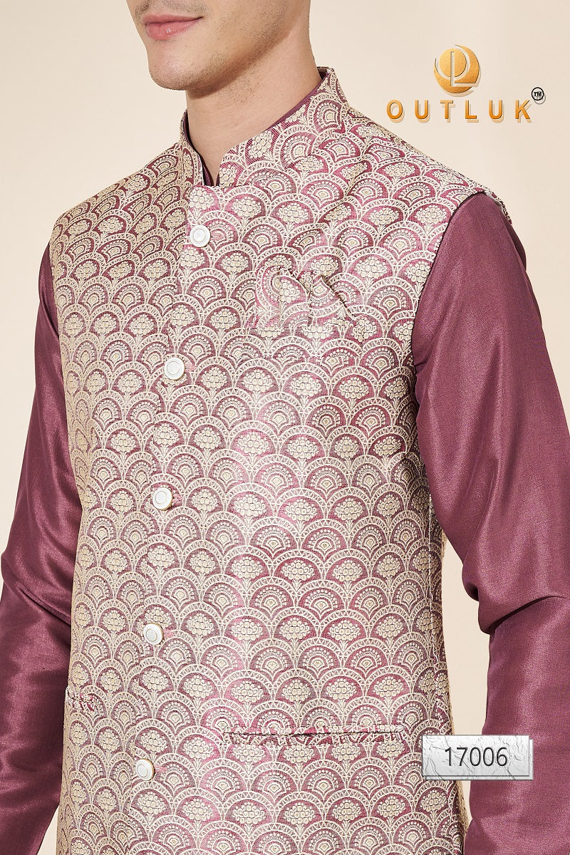 Beige And Wine Jacquard Mens Kurta Pajama With Jacket 17006