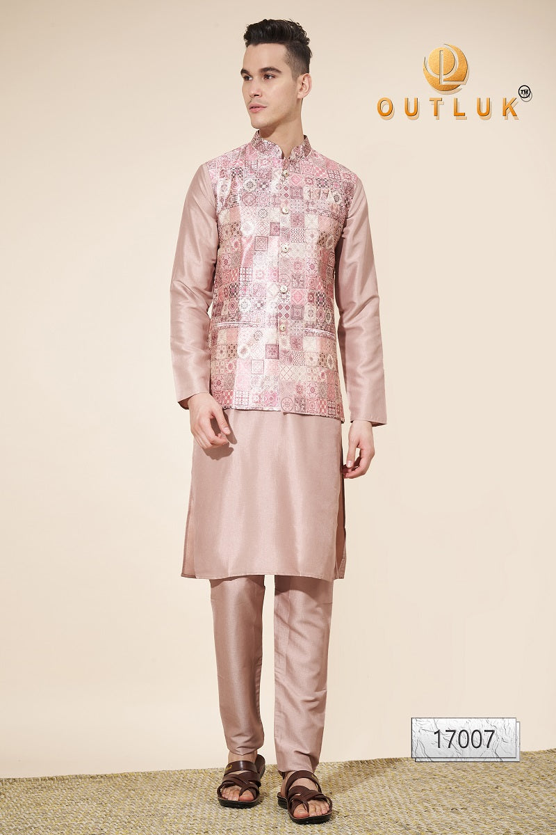 Gold Pink Jacquard Mens Kurta Pajama With Jacket 17007