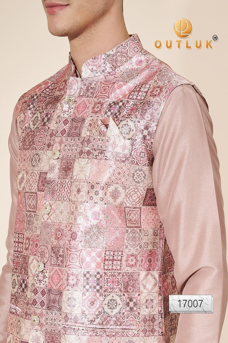 Gold Pink Jacquard Mens Kurta Pajama With Jacket 17007