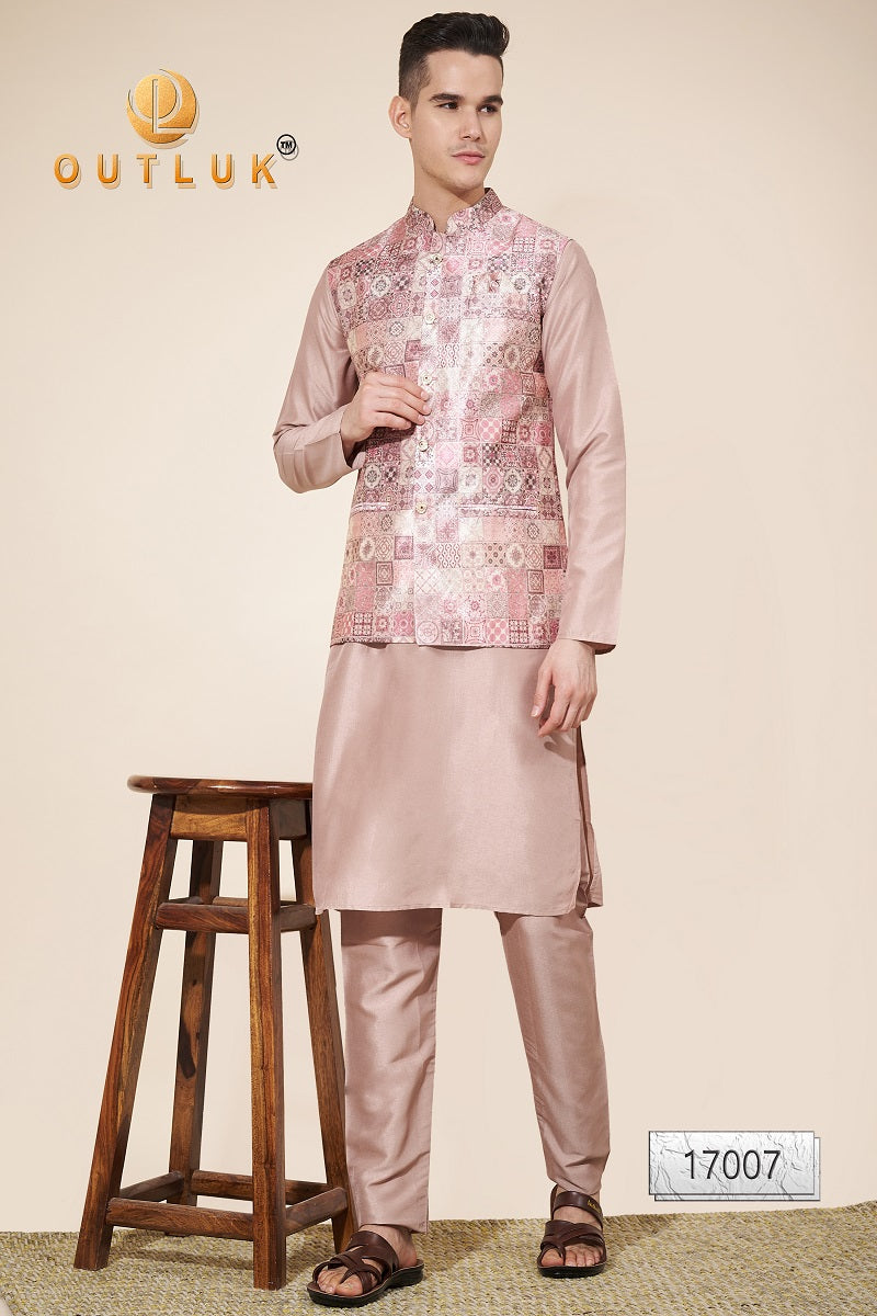 Gold Pink Jacquard Mens Kurta Pajama With Jacket 17007