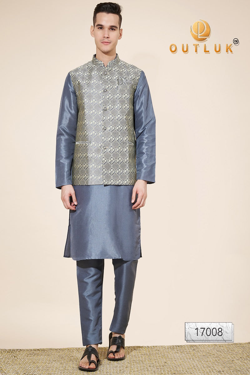 Dark Grey Jacquard Mens Kurta Pajama With Jacket 17008