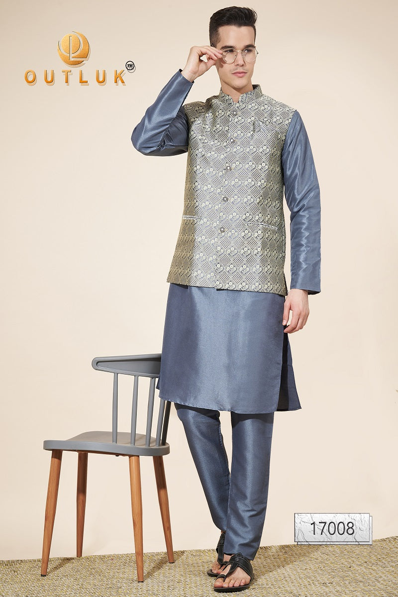 Dark Grey Jacquard Mens Kurta Pajama With Jacket 17008