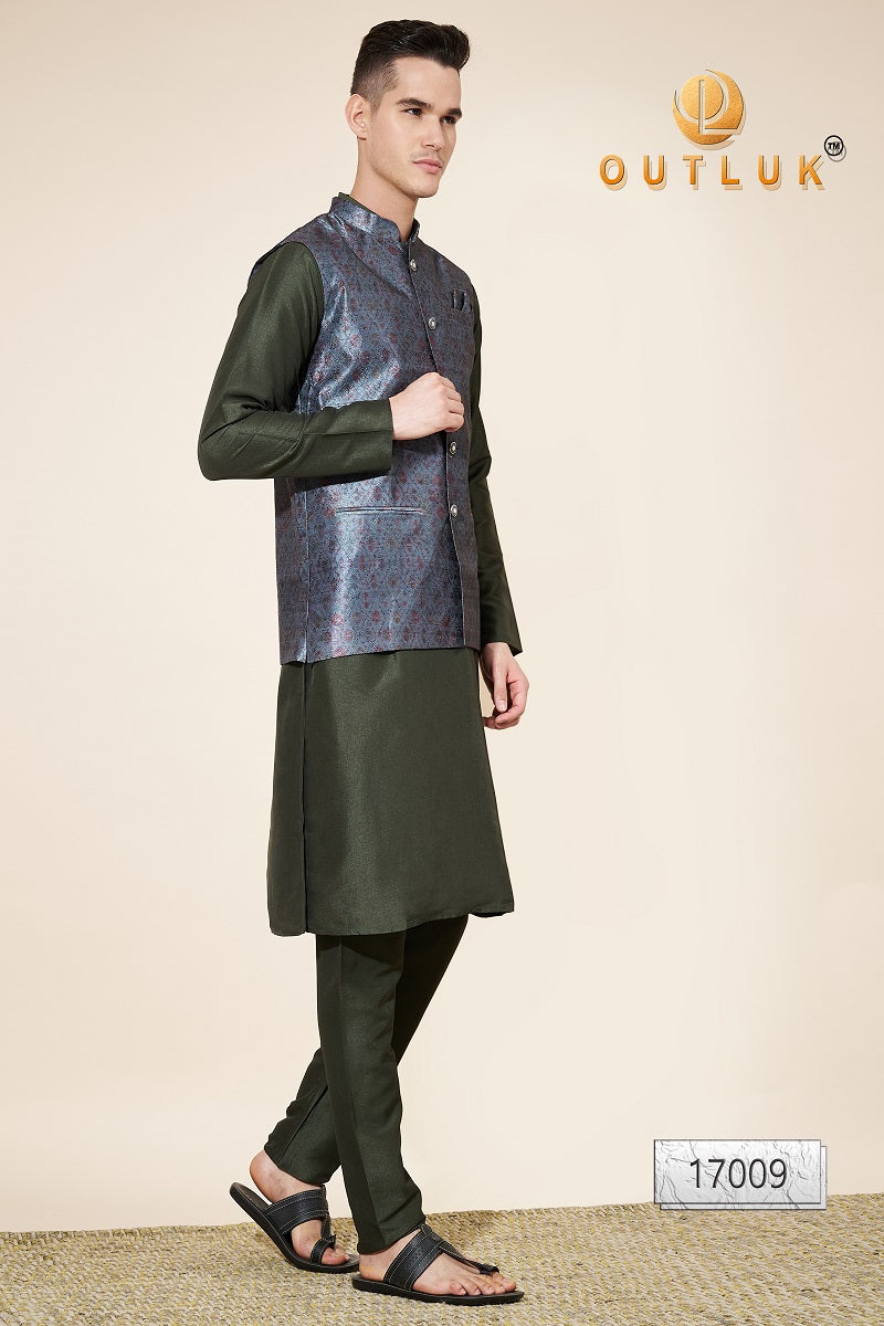 Grey And Mehendi Jacquard Mens Kurta Pajama With Jacket 17009