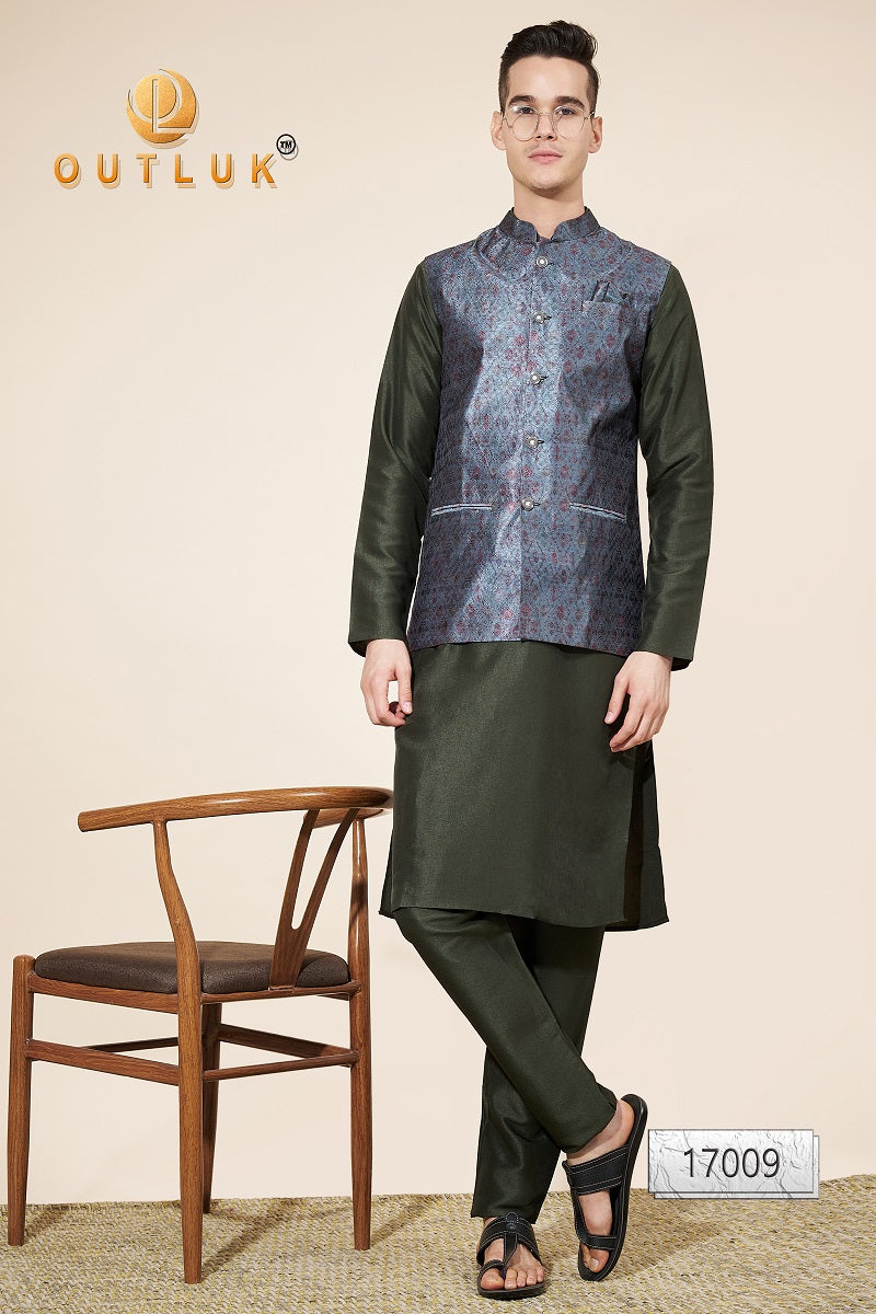 Grey And Mehendi Jacquard Mens Kurta Pajama With Jacket 17009