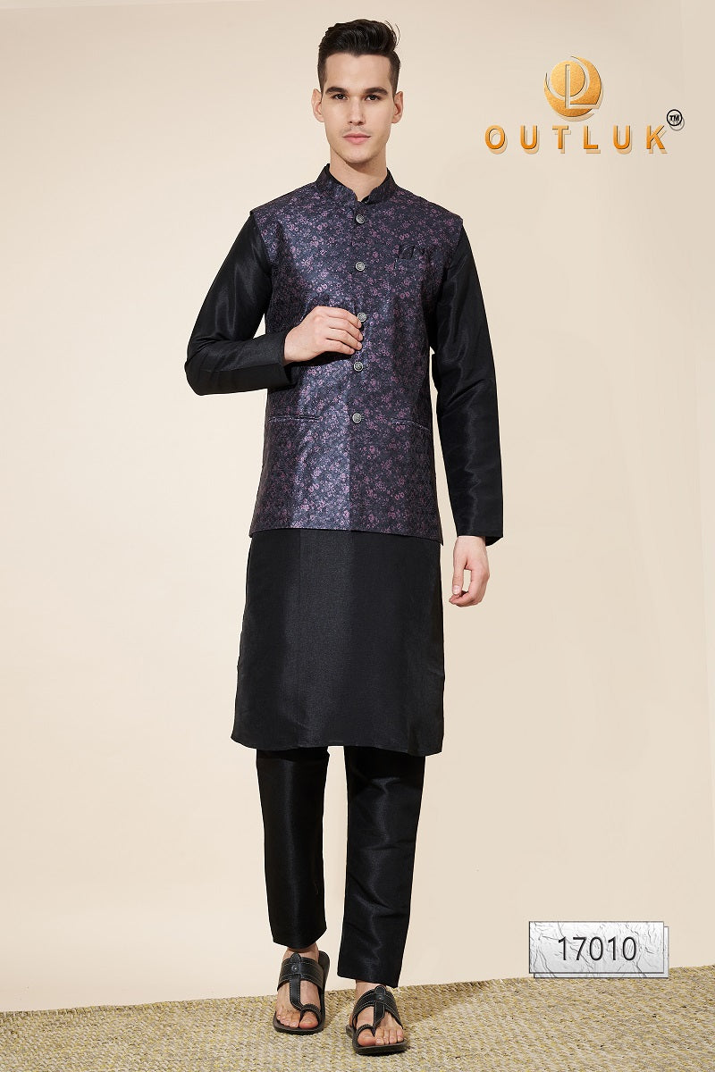 Purple And Black Jacquard Mens Kurta Pajama With Jacket 17010