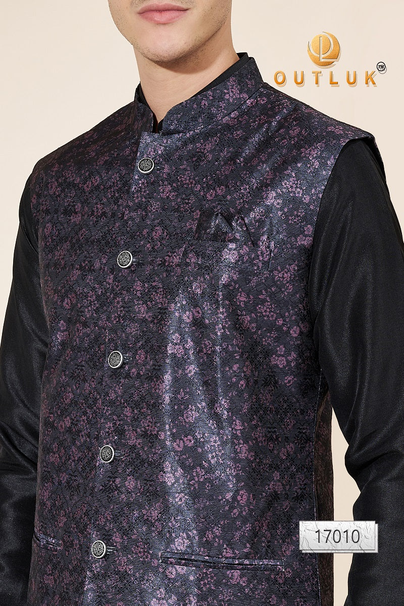 Purple And Black Jacquard Mens Kurta Pajama With Jacket 17010