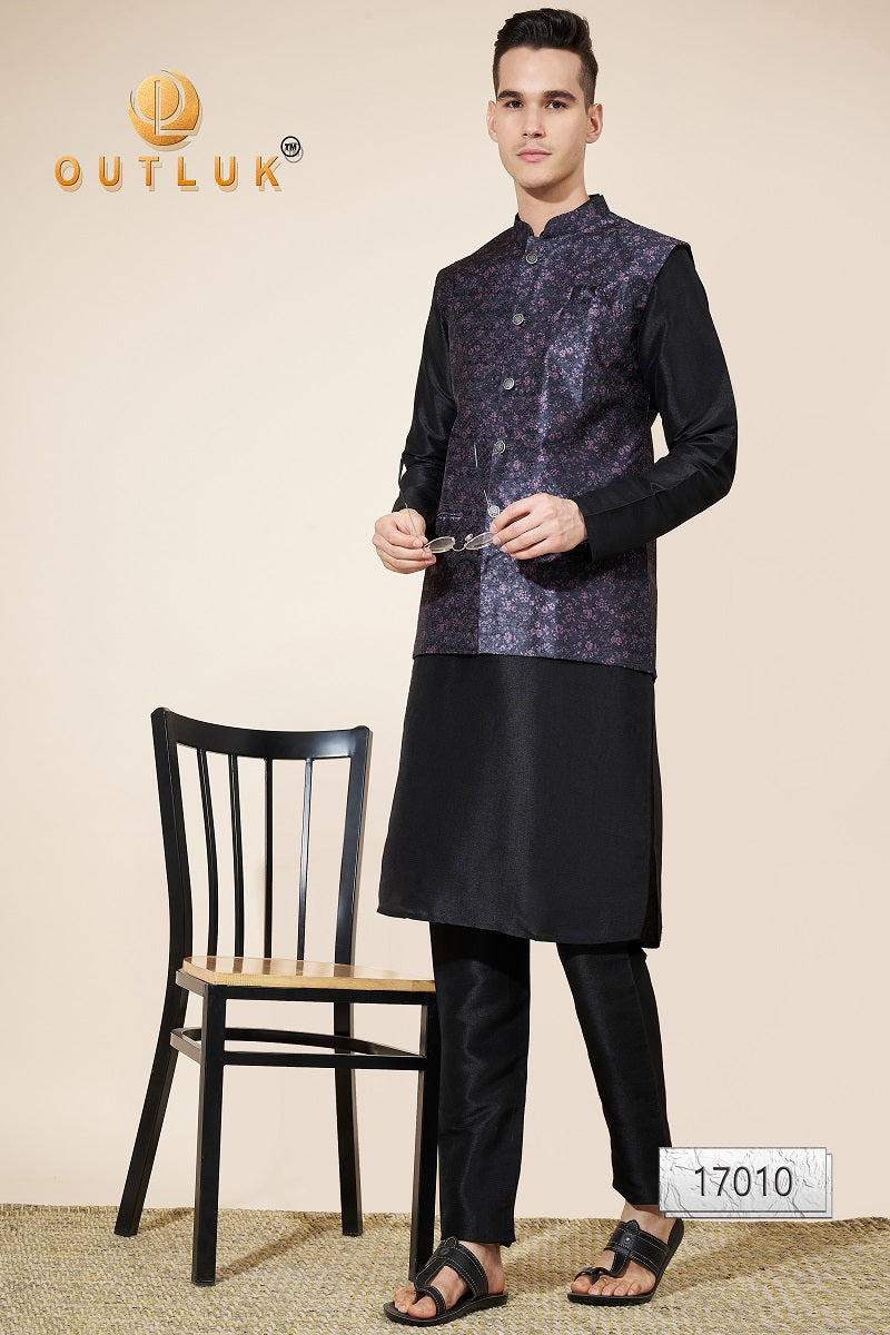 Purple And Black Jacquard Mens Kurta Pajama With Jacket 17010