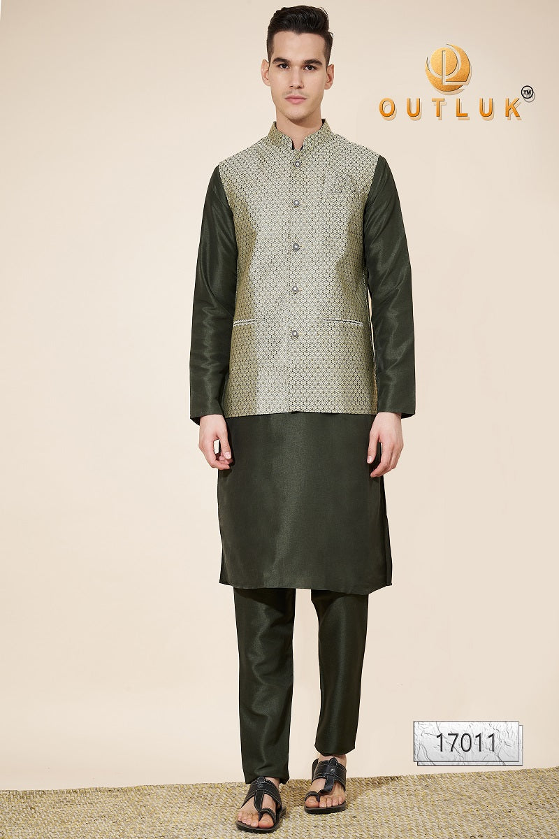 Pista And Mehendi Jacquard Mens Kurta Pajama With Jacket 17011