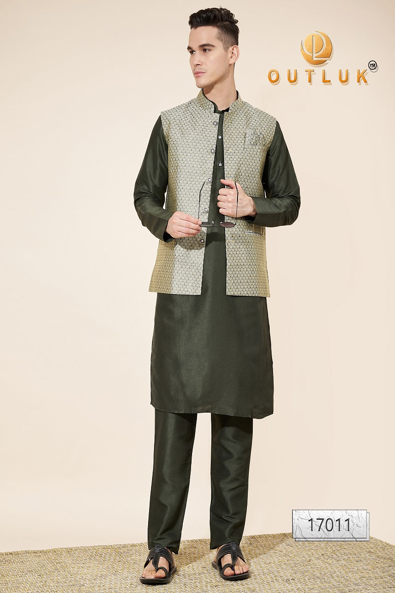 Pista And Mehendi Jacquard Mens Kurta Pajama With Jacket 17011