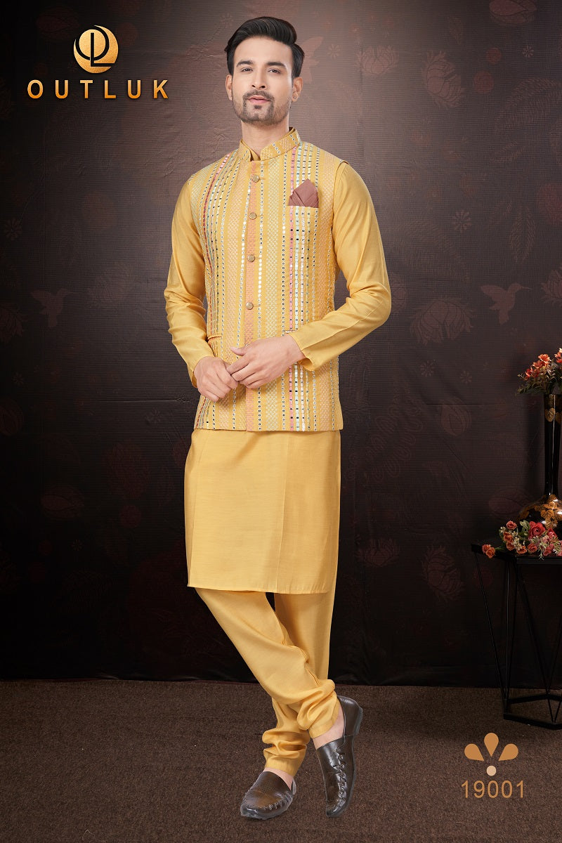 Yellow Pure Silk Mens Kurta Pajama With Jacket 19001