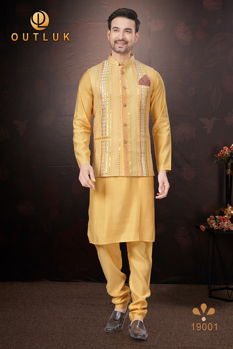 Yellow Pure Silk Mens Kurta Pajama With Jacket 19001