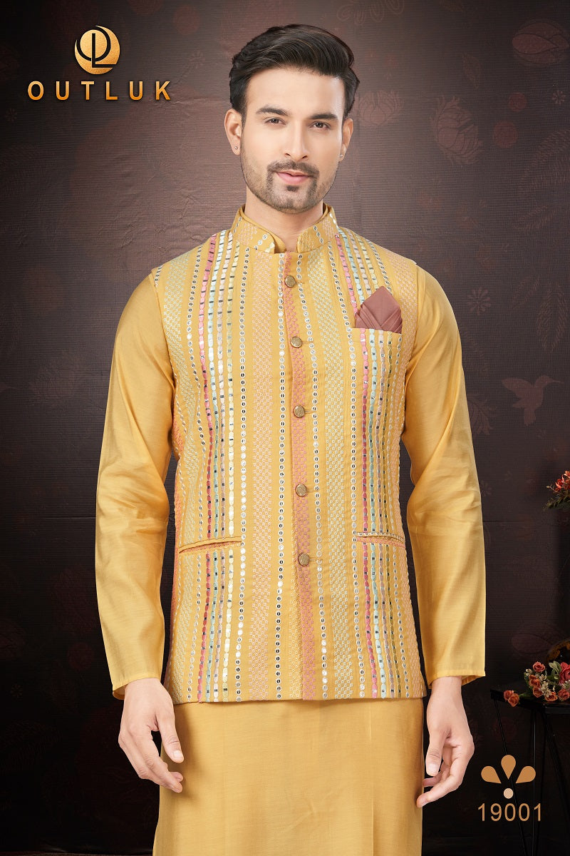 Yellow Pure Silk Mens Kurta Pajama With Jacket 19001