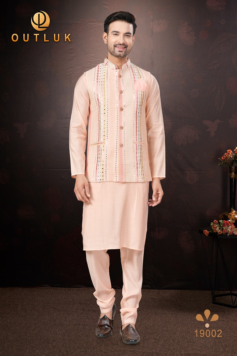 Peach Pure Silk Mens Kurta Pajama With Jacket 19002