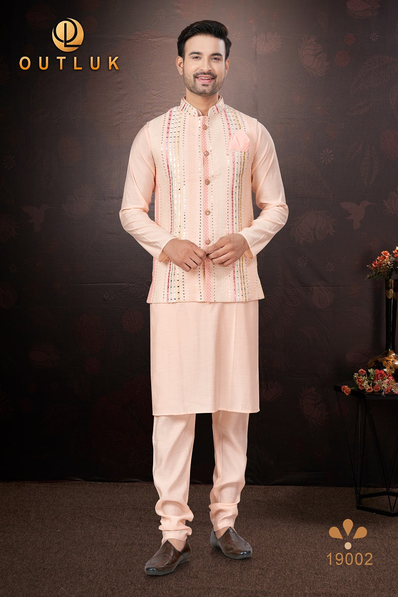 Peach Pure Silk Mens Kurta Pajama With Jacket 19002