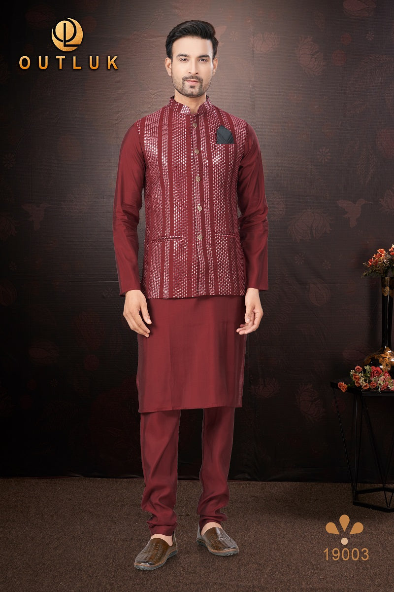 Maroon Pure Silk Mens Kurta Pajama With Jacket 19003