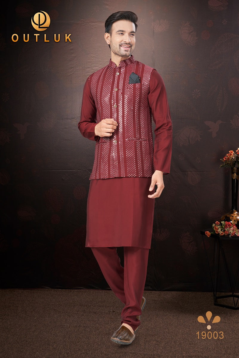 Maroon Pure Silk Mens Kurta Pajama With Jacket 19003