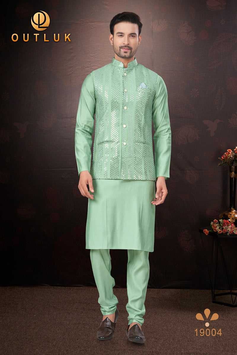 Teal Green Pure Silk Mens Kurta Pajama With Jacket 19004