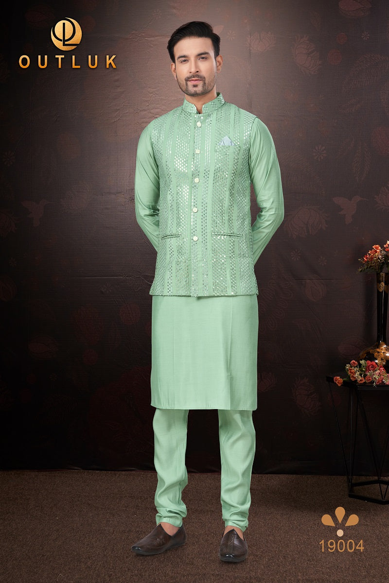 Teal Green Pure Silk Mens Kurta Pajama With Jacket 19004