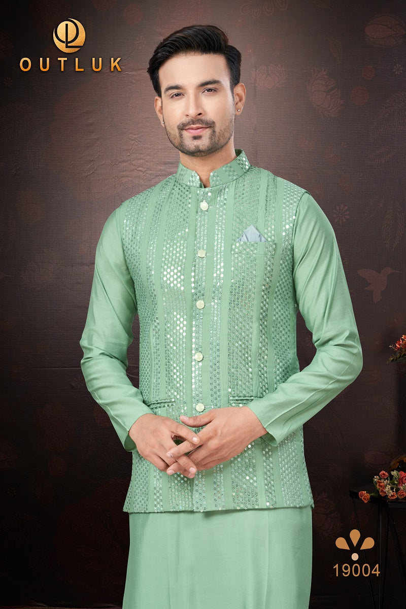 Teal Green Pure Silk Mens Kurta Pajama With Jacket 19004