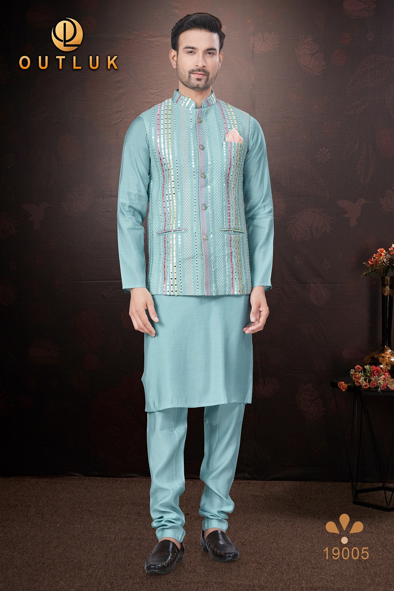 Sky Blue Pure Silk Mens Kurta Pajama With Jacket 19005