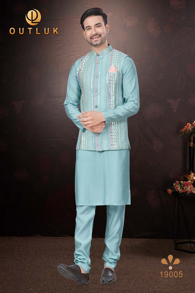 Sky Blue Pure Silk Mens Kurta Pajama With Jacket 19005