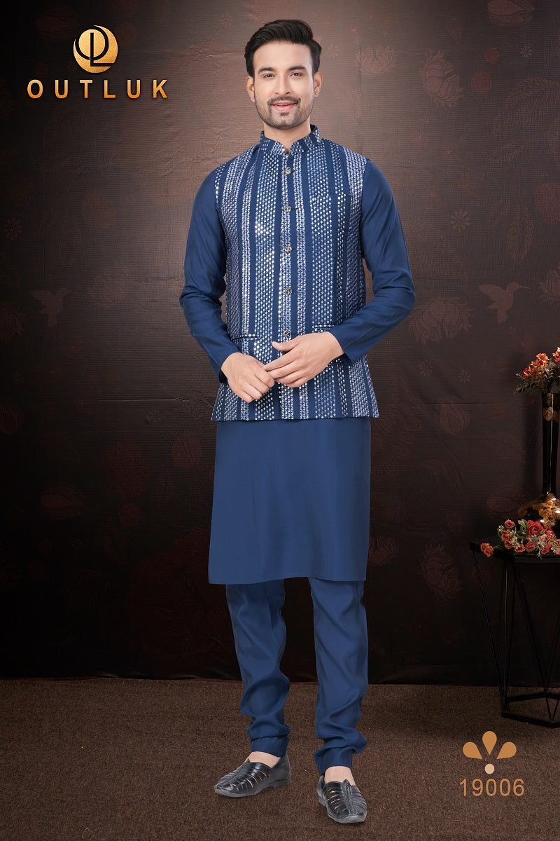 Navy Blue Pure Silk Mens Kurta Pajama With Jacket 19006