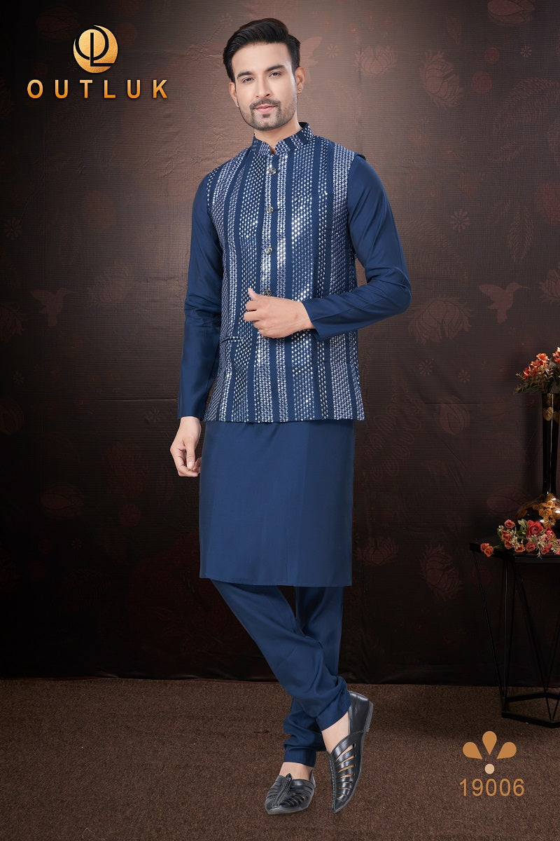 Navy Blue Pure Silk Mens Kurta Pajama With Jacket 19006