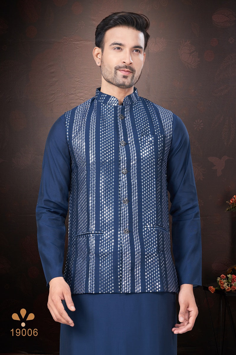 Navy Blue Pure Silk Mens Kurta Pajama With Jacket 19006