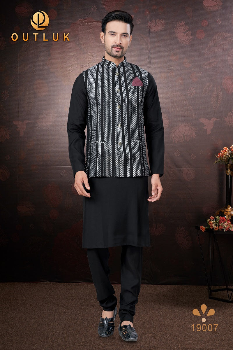 Black Pure Silk Mens Kurta Pajama With Jacket 19007