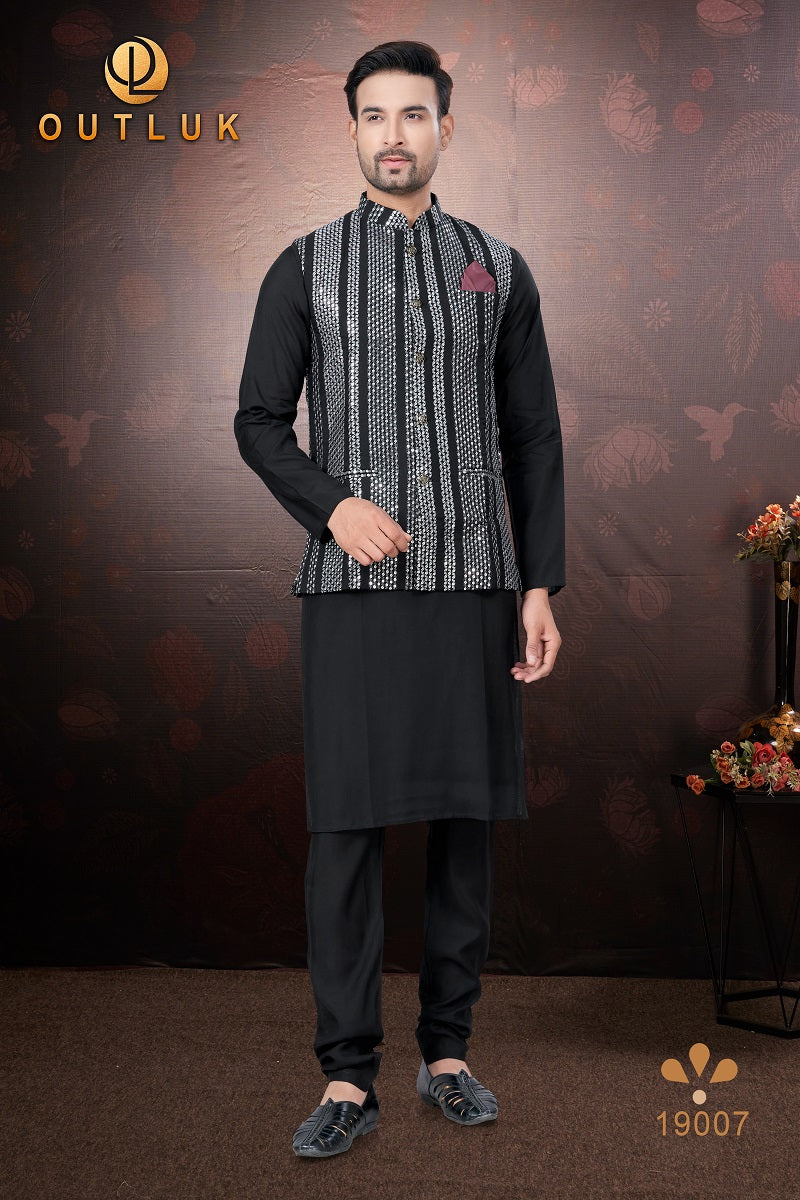 Black Pure Silk Mens Kurta Pajama With Jacket 19007