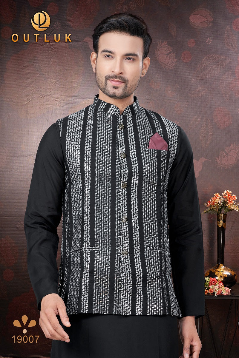 Black Pure Silk Mens Kurta Pajama With Jacket 19007