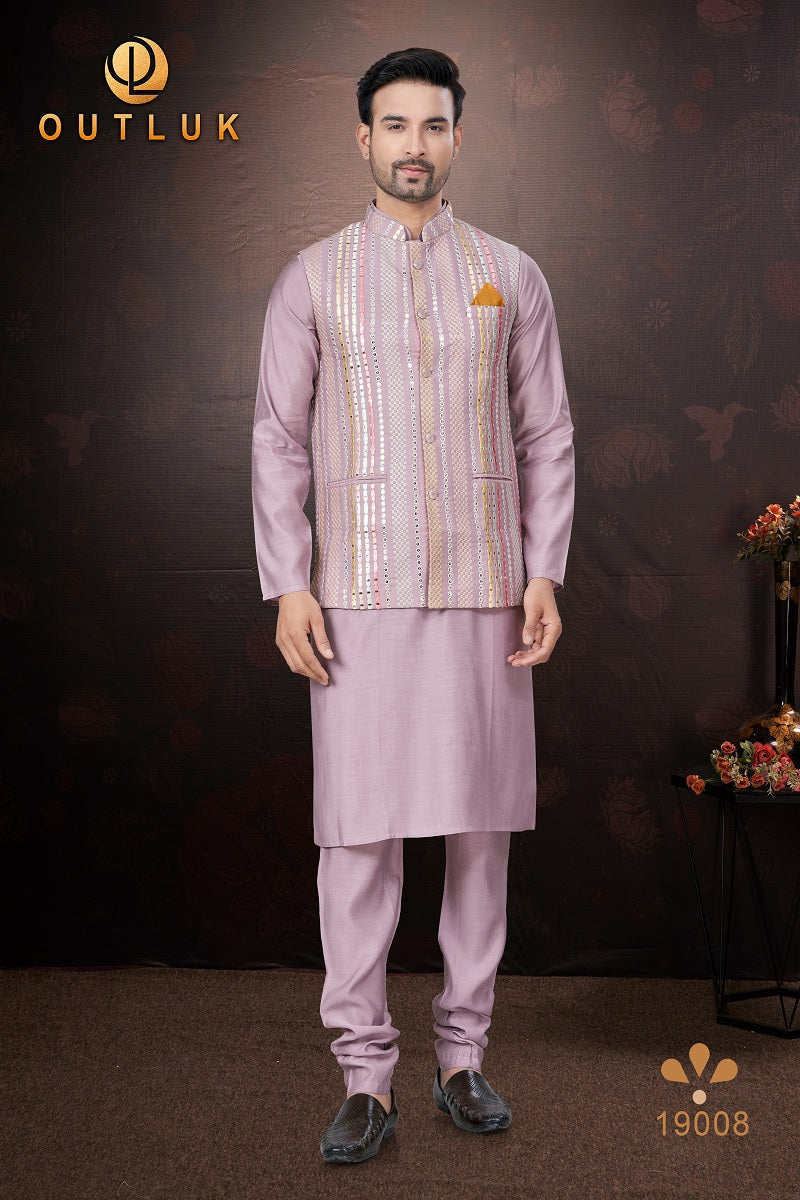 Pink Pure Silk Mens Kurta Pajama With Jacket 19008