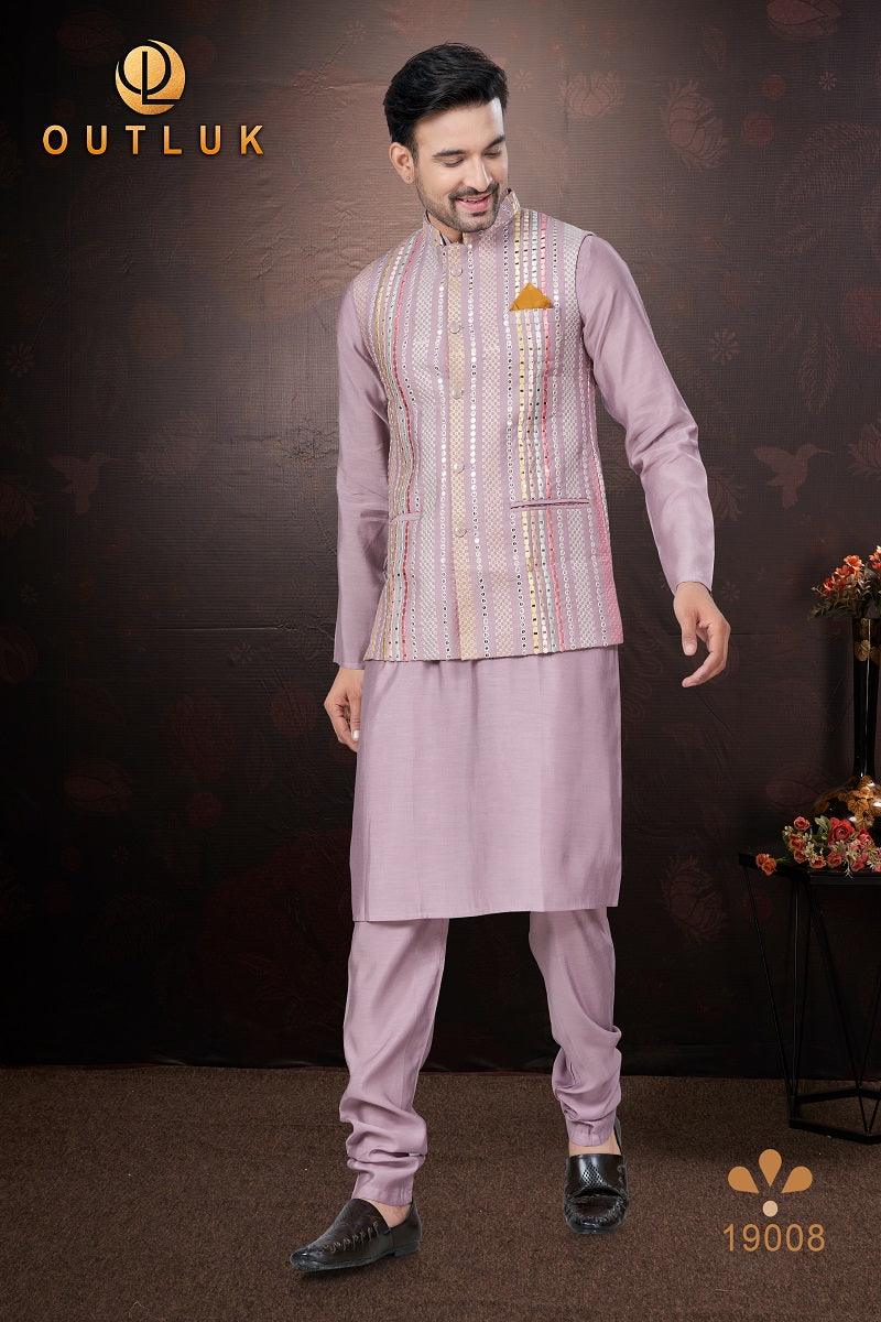 Pink Pure Silk Mens Kurta Pajama With Jacket 19008