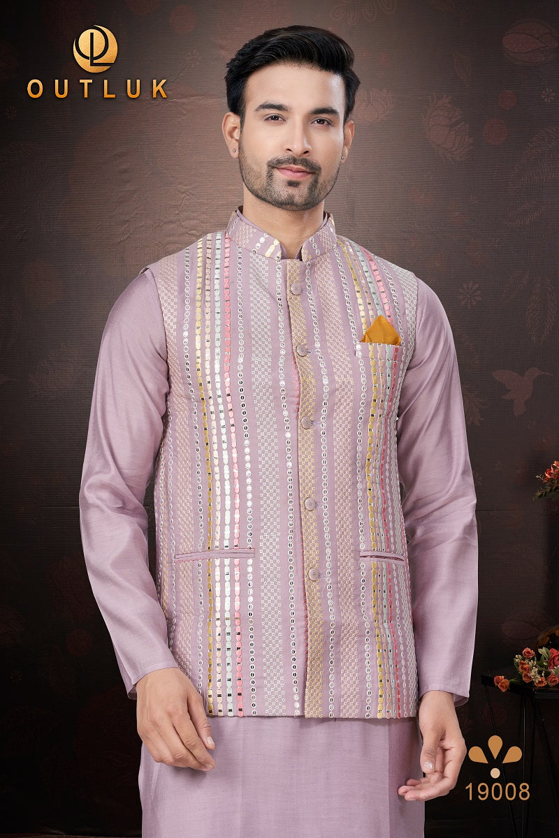 Pink Pure Silk Mens Kurta Pajama With Jacket 19008