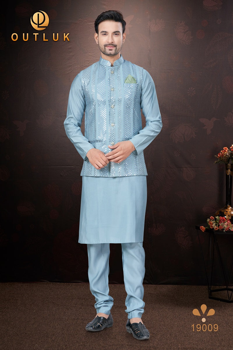 Light Blue Pure Silk Mens Kurta Pajama With Jacket 19009