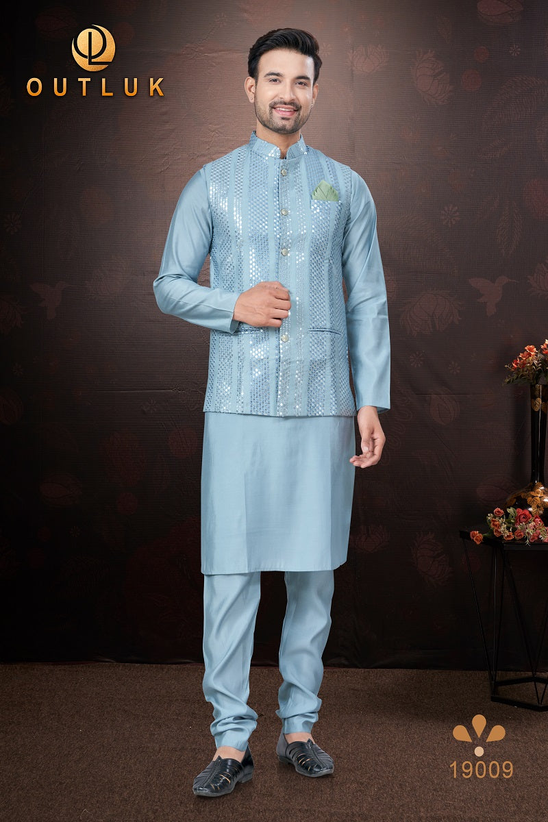 Light Blue Pure Silk Mens Kurta Pajama With Jacket 19009