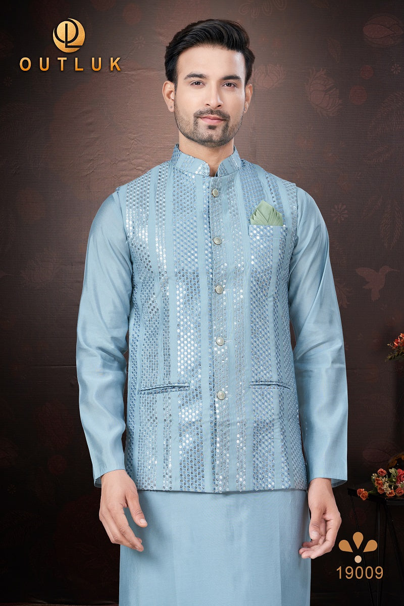 Light Blue Pure Silk Mens Kurta Pajama With Jacket 19009