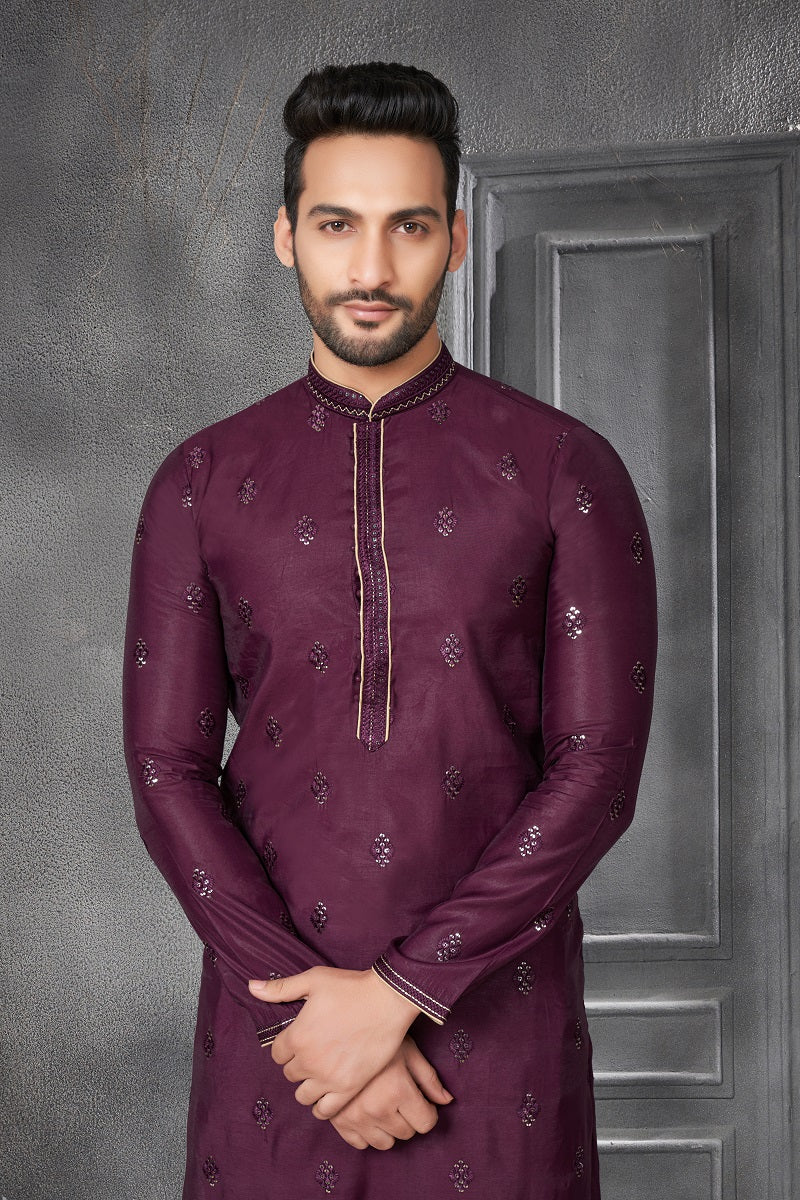 Maroon Cotton Silk Mens Kurta Pajama 128001