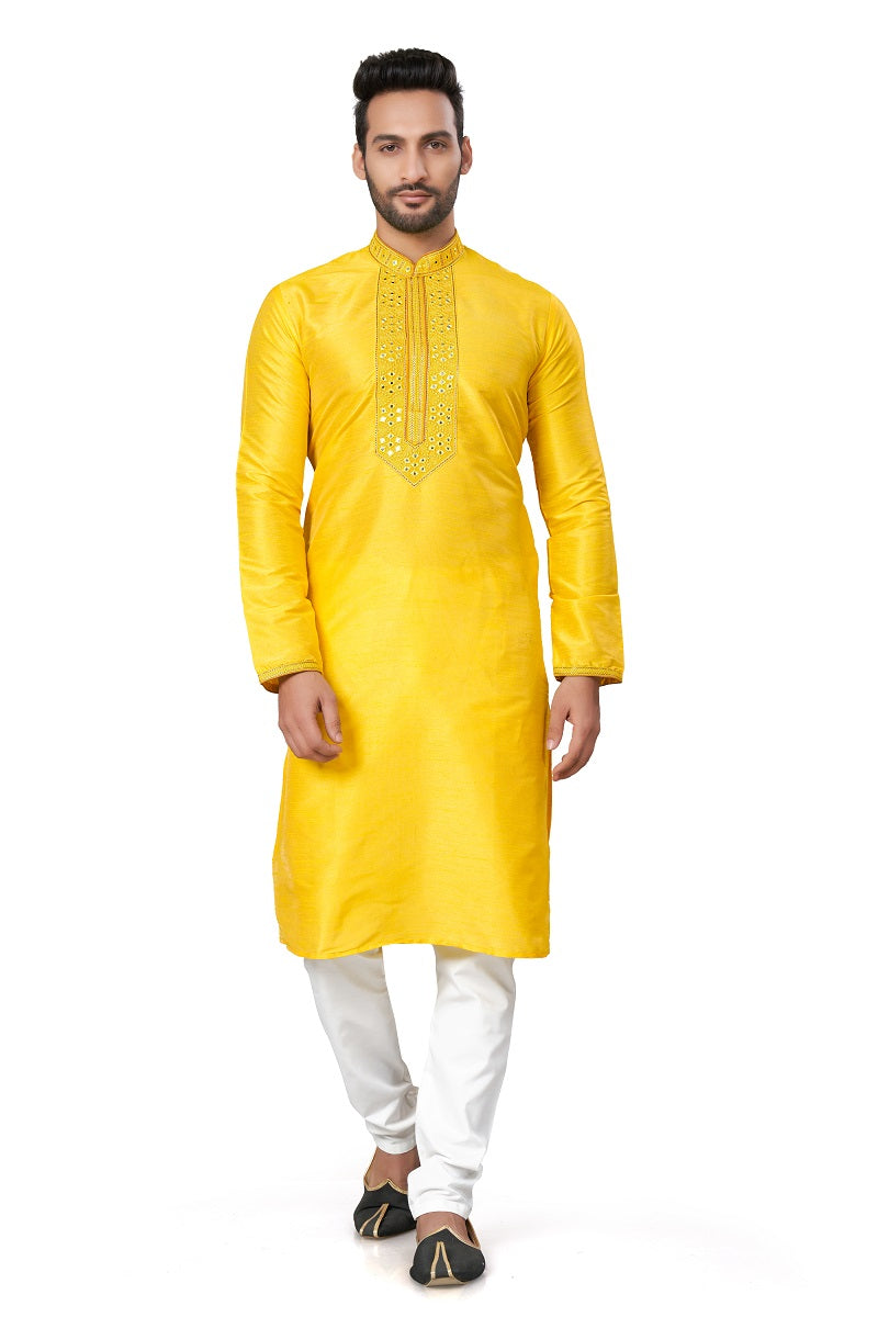 Yellow Silk Mens Kurta Pajama 125001