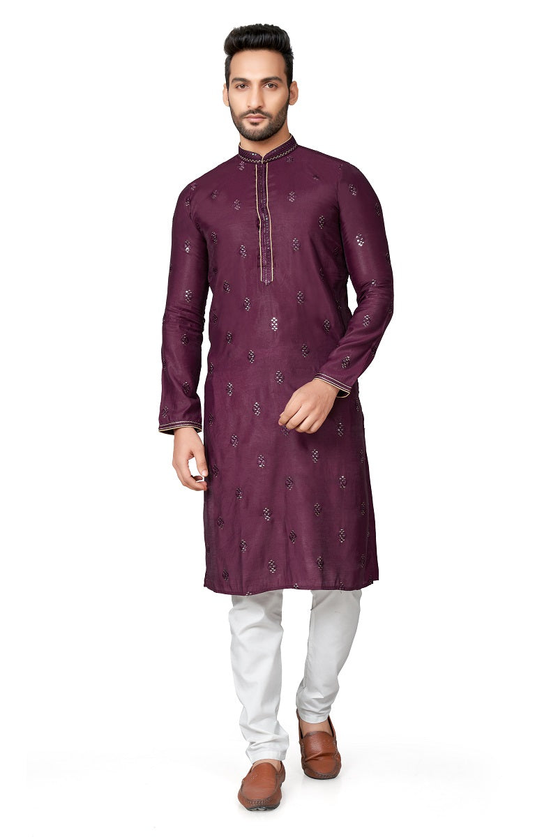 Maroon Cotton Silk Mens Kurta Pajama 128001