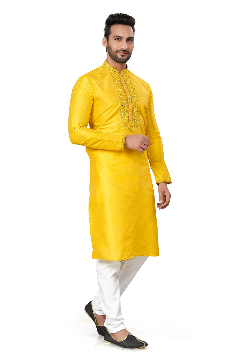 Yellow Silk Mens Kurta Pajama 125001