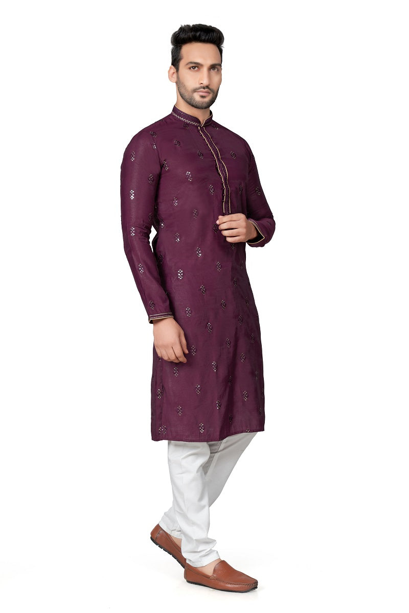 Maroon Cotton Silk Mens Kurta Pajama 128001