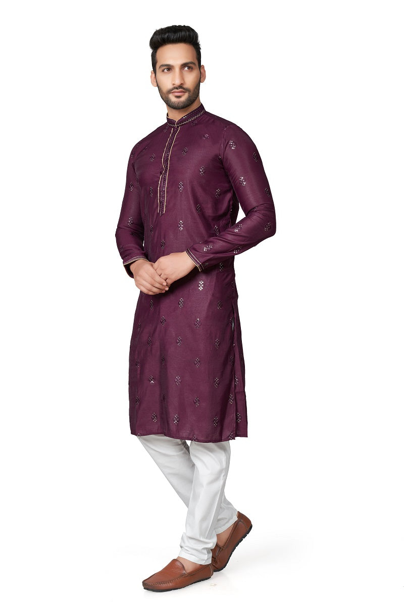 Maroon Cotton Silk Mens Kurta Pajama 128001