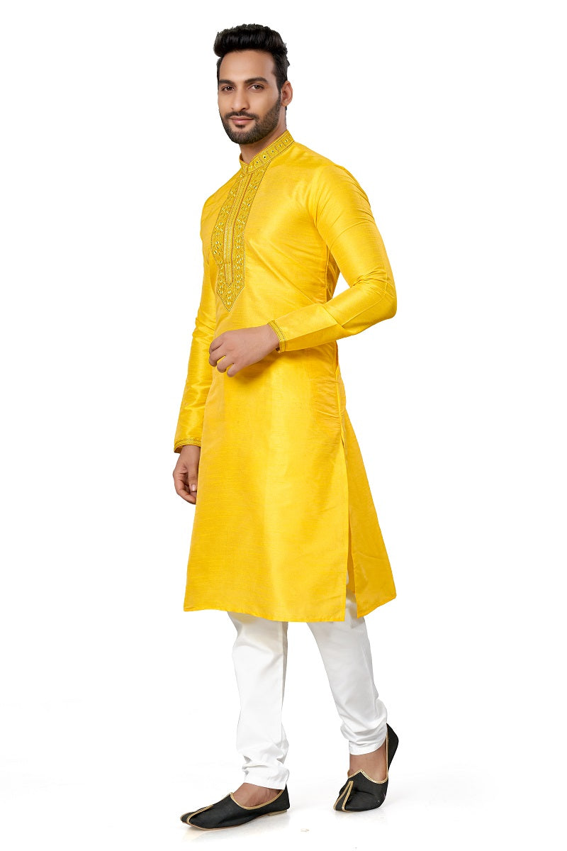 Yellow Silk Mens Kurta Pajama 125001