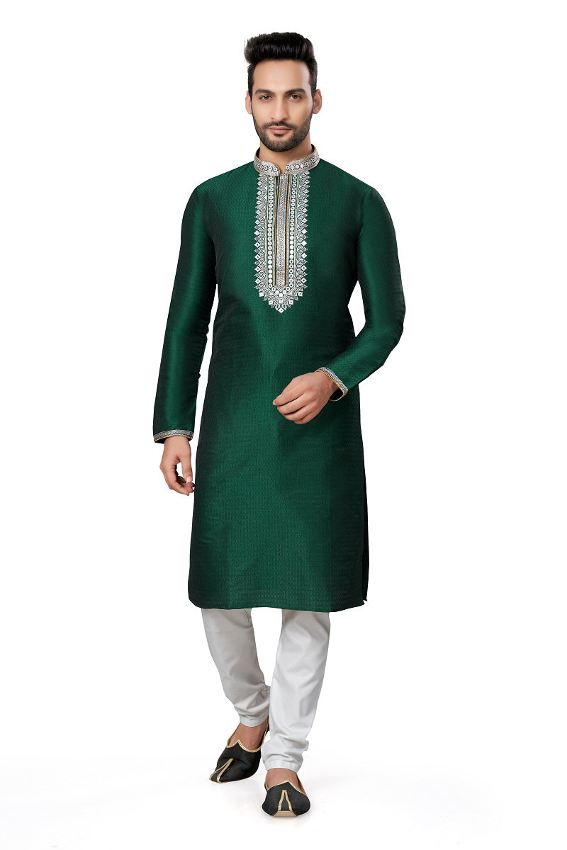 Green Silk Mens Kurta Pajama 129001