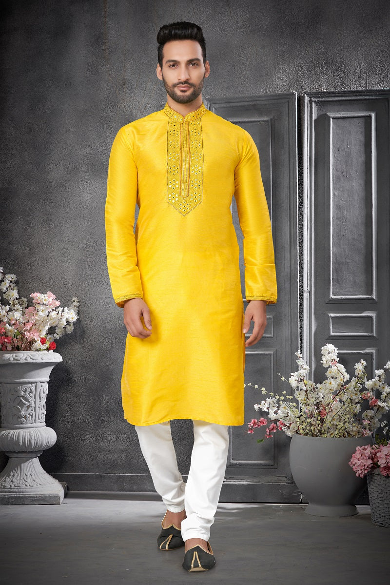 Yellow Silk Mens Kurta Pajama 125001