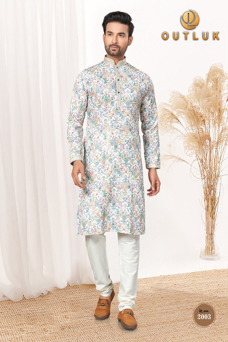 White And Sea Cotton Mens Kurta Pajama 2003