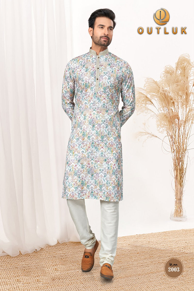 White And Sea Cotton Mens Kurta Pajama 2003