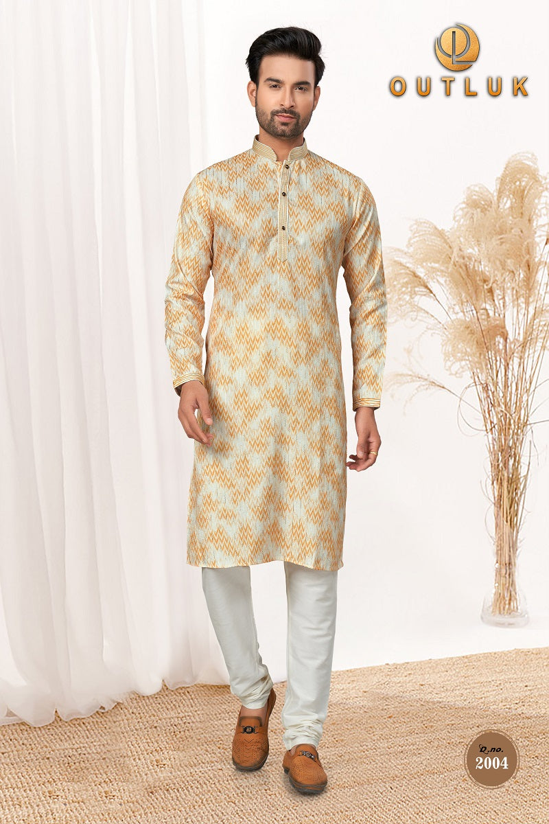 White And Yellow Cotton Mens Kurta Pajama 2004