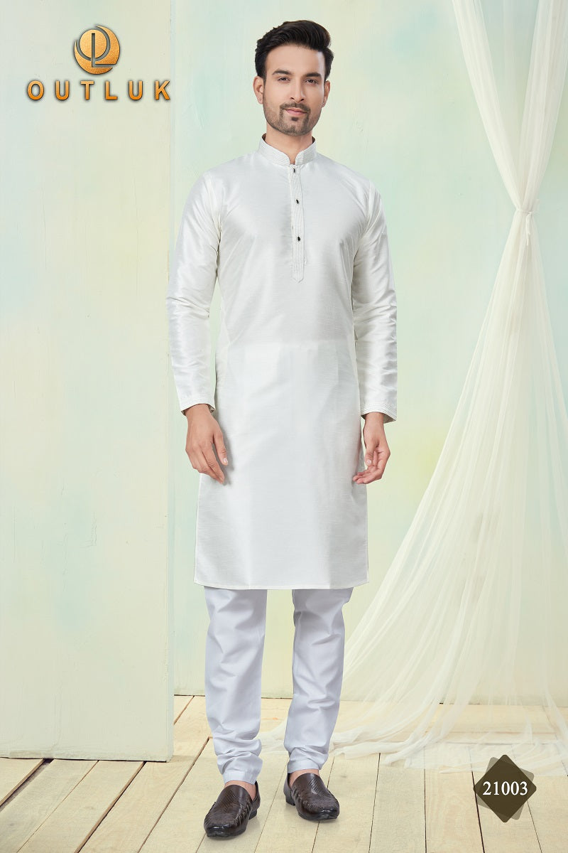 White Pure Silk Mens Kurta Pajama 21003